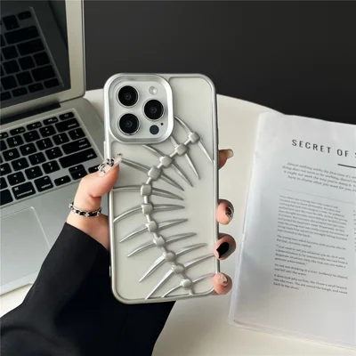 For iPhone 16 Pro Case Matte TPU Phone Shell Hollow Heat Dissipation Fish Bone Design - Silver