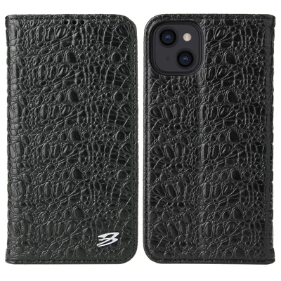 For iPhone 14 Plus Auto-absorbed Magnetic Phone Case Wallet Stand Anti-scratch Top Layer Cowhide Leather Crocodile Texture Cell Phone Cover - Black