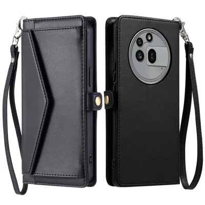 For Nothing Phone (3a) Pro Leather Case with Wrist Strap Wallet Stand Phone Cover - Black
