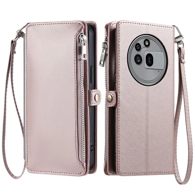 For Nothing Phone (3a) Pro Case TPU + PU Leather Wallet Phone Cover with Wrist Strap - Rose Gold