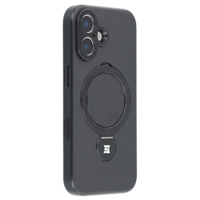 For iPhone 16 Case Kickstand TPU PC Leather Phone Back Cover with AI Button - Black
