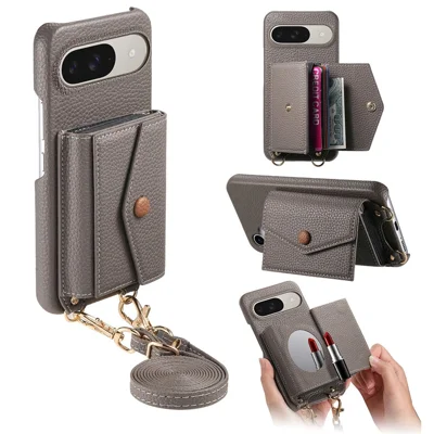 For Google Pixel 10 Pro / 10 / 9 Pro / 9 Case Card Holder Kickstand PU Leather + PC Phone Cover with Mirror and Crossbody Lanyard - Grey