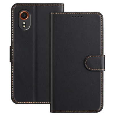 For Samsung Galaxy Xcover7 Leather Case Wallet Stand Solid Color Anti Drop Phone Cover - Black