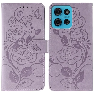 Voor Motorola Moto G75 5G Hoesje Portemonnee Stand Ingedrukt Roos Vlinder PU Leren Telefoonhoes - Paars