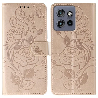 Phone Case For Motorola Edge 60 Neo 5G / Edge 50 Neo 5G / Moto S50 5G / Thinkphone 25 5G Wallet Stand Imprinted Rose Butterfly PU Leather Cover - Rose Gold