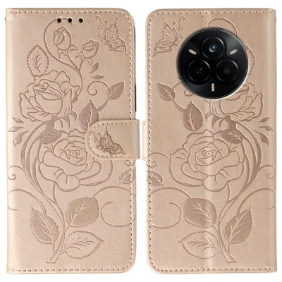 For Realme 14 Pro 5G Case Wallet Stand Imprinted Rose Butterfly PU Leather Phone Cover - Rose Gold