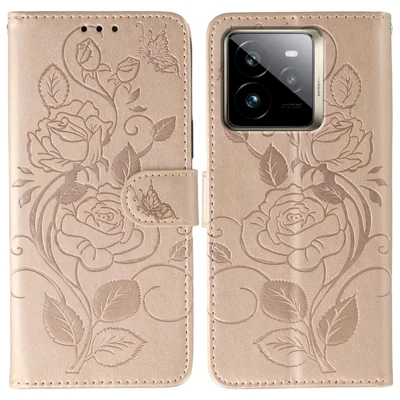 For Realme GT 7 Pro 5G Case Wallet Stand Imprinted Rose Butterfly PU Leather Phone Cover - Rose Gold