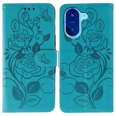 For Xiaomi Redmi A5 NFC (EU) (173.45mm) Case Wallet Stand Imprinted Rose Butterfly PU Leather Phone Cover - Blue
