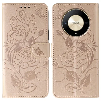 Phone Case For Honor Magic6 Lite 5G / X50 5G / X50 GT 5G / X50 Pro 5G / X9b 5G Wallet Stand Imprinted Rose Butterfly PU Leather Cover - Rose Gold