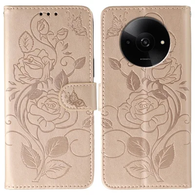 For Xiaomi Poco C61 4G / Redmi A3 4G Case Wallet Stand Imprinted Rose Butterfly PU Leather Phone Cover - Rose Gold