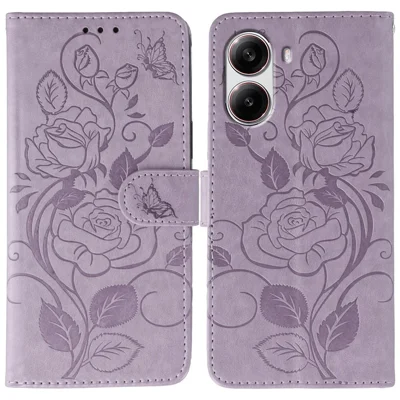 Voor Xiaomi Poco X7 Pro 5G Hoesje Portemonnee Stand Ingedrukt Roos Vlinder PU Leren Telefoonhoes - Paars