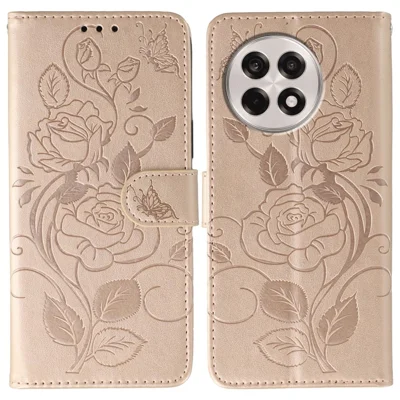 Phone Case For OnePlus Ace 5 5G / Ace 5 Pro 5G / 13R 5G Wallet Stand Imprinted Rose Butterfly PU Leather Cover - Rose Gold