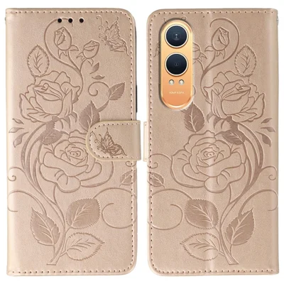For OnePlus Nord CE4 Lite 5G Case Wallet Stand Imprinted Rose Butterfly PU Leather Phone Cover - Rose Gold