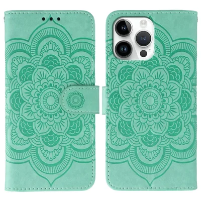 For iPhone 14 Pro Max Case PU Leather Mandala Imprinted Design Wallet Phone Cover - Green