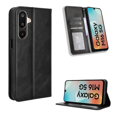 For Samsung Galaxy M16 5G / Galaxy F16 5G Retro PU-læderet tilbehør med stående funktion - Sort