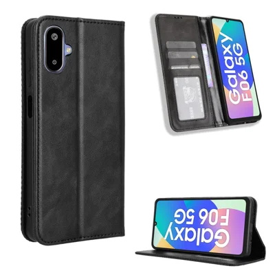 For Samsung Galaxy M06 5G / Galaxy F06 5G Retro PU Leather Case Phone Wallet Stand Cover - Black
