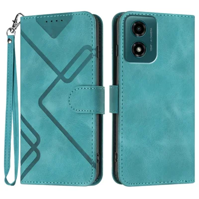 For Motorola Moto G04 4G / Motorola Moto G04s 4G / Motorola Moto G24 4G / Motorola Moto E14 4G Wallet Case Line Imprinted PU Leather Phone Cover with Strap - Light Blue
