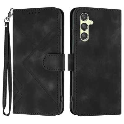 For Samsung Galaxy A24 4G (162.1 x 77.6 x 8.3mm) Wallet Case Line Imprinted PU Leather Phone Cover with Strap - Black