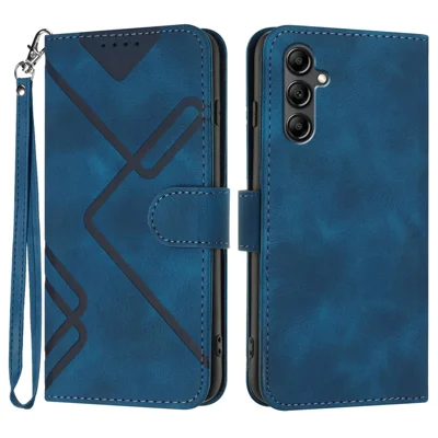 For Samsung Galaxy A15 5G / Galaxy A15 4G Wallet Case Line Imprinted PU Leather Phone Cover with Strap - Royal Blue