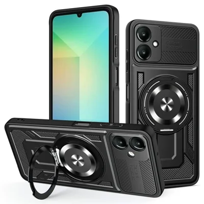 For Samsung Galaxy A06 4G Magnetic Case Rotating Kickstand TPU + PC Phone Cover - Black
