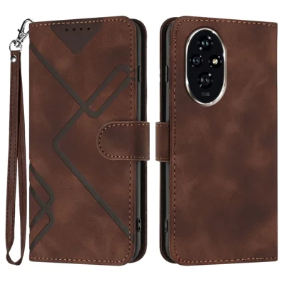 For Honor 200 Pro 5G Wallet Case Line Imprinted PU Leather Phone Cover with Strap - Brown