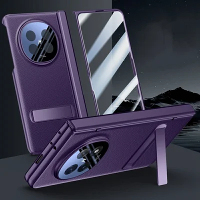 غطاء لهاتف Oppo Find N5 5G بمسند وتصميم ملمس جلد مع طبقة كهربائية من الجلد البلاستيكي المتين + غطاء من البولي كربونات مع واقي شاشة - أرجواني