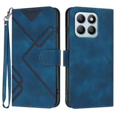 For Honor X8b 4G / Honor X8c 4G Wallet Case Line Imprinted PU Leather Phone Cover with Strap - Royal Blue