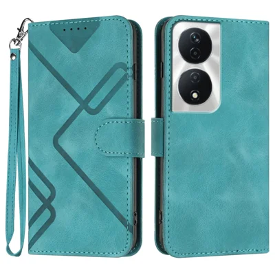 For Honor X7b 5G / Honor 90 Smart / Honor Play 8T 5G / Honor Play 50 Plus 5G / Honor X7b 4G Wallet Case Line Imprinted PU Leather Phone Cover with Strap - Light Blue