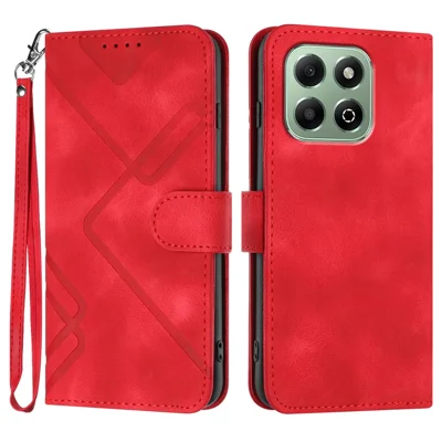 For Honor X6a 4G / Honor X6b 4G Wallet Case Line Imprinted PU Leather Phone Cover with Strap - Red