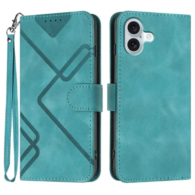 For iPhone 16 Plus Wallet Case Line Imprinted PU Leather Phone Cover with Strap - Light Blue