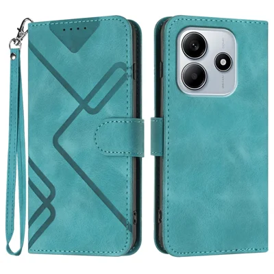 For Xiaomi Redmi Note 13 4G Wallet Case Line Imprinted PU Leather Phone Cover with Strap - Light Blue