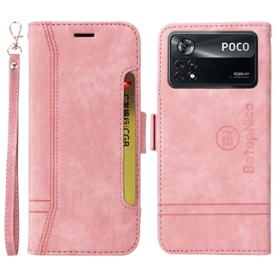 BETOPNICE 001 For Xiaomi Poco X4 Pro 5G PU Leather Drop-proof Case Imprinted Stitching Line Phone Stand Wallet Cover with Wrist Strap - Pink