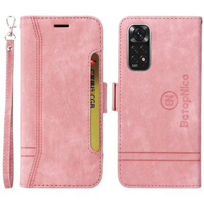 BETOPNICE 001 For Xiaomi Redmi Note 11 4G (Qualcomm) / Note 11S 4G Imprinted Stitching Line Full Protection Stand Case PU Leather Wallet Cover with Strap - Pink
