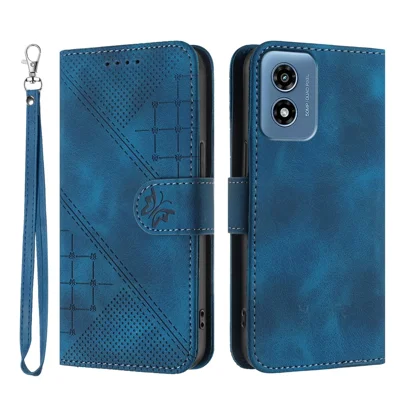 For Motorola Moto G Play (2024) 4G Leather Wallet Case Butterfly Flower Imprinted Phone Cover with Strap - Royal Blue