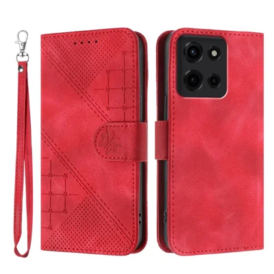 For Motorola Moto G 5G (2025) Leather Wallet Case Butterfly Flower Imprinted Phone Cover with Strap - Red
