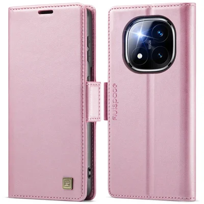 AUTSPACE For Xiaomi Redmi Note 14 Pro 5G Case  A11 RFID Blocking Retro Leather Cell Phone Wallet Cover - Pink