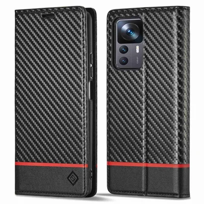 LC.IMEEKE Sturzsicherer Handyhülle für Xiaomi 12T 5G / Redmi K50 Ultra 5G / 12T Pro 5G, Brieftasche mit Carbon-Optik, Ständer, magnetischer Automatikverschluss, PU-Leder-Handyhülle – Horizontale Streifen