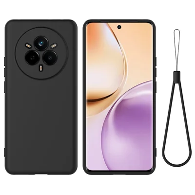 For Realme 14 Pro+ 5G Liquid Silicone Case Phone Back Cover with Hand Strap - Black