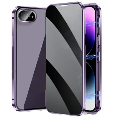 For iPhone 16e Hoesje Anti-Kijk Dubbelzijdig Gehard Glas + Magnetisch Metalen Frame Telefoonhoes - Paars