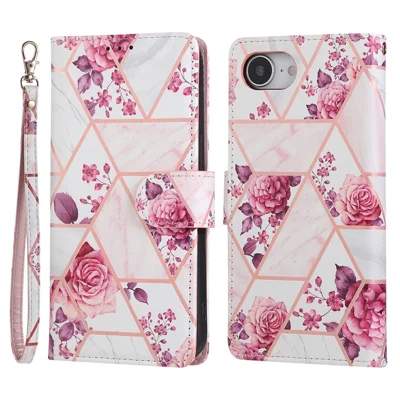 For iPhone 16e Hoesje Gelakte Marmeren Patroon Leren Telefoonhoes - Roze Goud