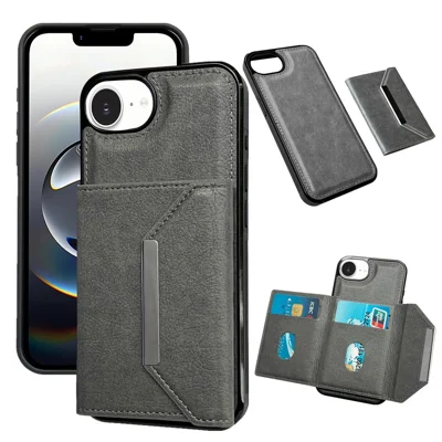 For iPhone 16e Hoesje met Kaartenhouder en Standaard TPU + PU Telefoonhoes - Grijs