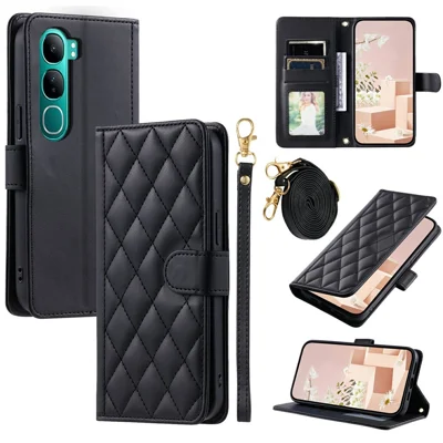 Wallet Case For vivo Y300 5G  /  Y300 (Indonesia) 5G  /   V40 Lite (Indonesia) 5G  /  4G Rhombus Grid PU Leather Phone Cover - Black