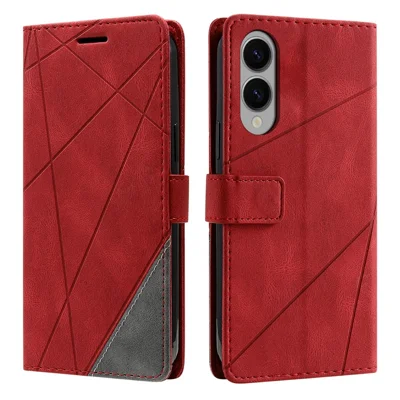 For Samsung Galaxy S25 Edge Case Imprinted Lines PU Leather Splicing Wallet Phone Cover - Red