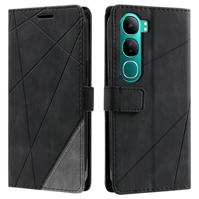 Phone Case For vivo Y300 5G / V40 Lite (Indonesia) 4G / 5G Imprinted Lines PU Leather Splicing Wallet Cover - Black