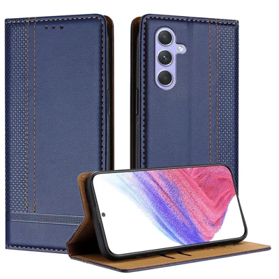 For Samsung Galaxy A55 5G Case L-Shaped Grid Pattern Leather Stand Phone Cover with Card Slots - Blue