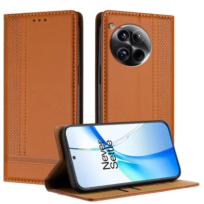 For OnePlus 12 5G Case L-Shaped Grid Pattern Leather Stand Phone Cover with Card Slots - Brown