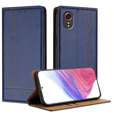 For Samsung Galaxy Xcover7 Case L-Shaped Grid Pattern Leather Stand Phone Cover with Card Slots - Blue
