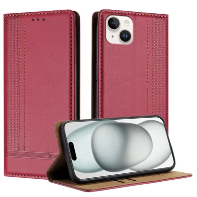 For iPhone 15 Plus Case L-Shaped Grid Pattern Leather Stand Phone Cover with Card Slots - Red