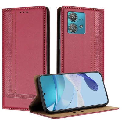 For Motorola Edge 40 Neo 5G Case L-Shaped Grid Pattern Leather Stand Phone Cover with Card Slots - Red