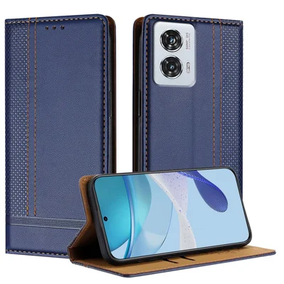 For Motorola Edge 50 Fusion 5G Case L-Shaped Grid Pattern Leather Stand Phone Cover with Card Slots - Blue